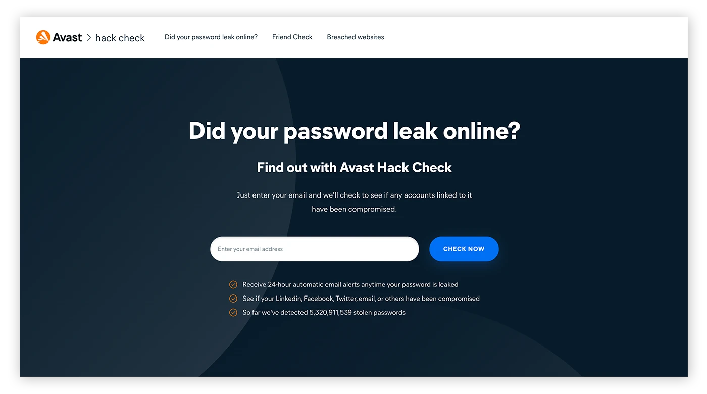 Avast Hack Check是一款检查您的个人数据是否被泄露的免费工具。